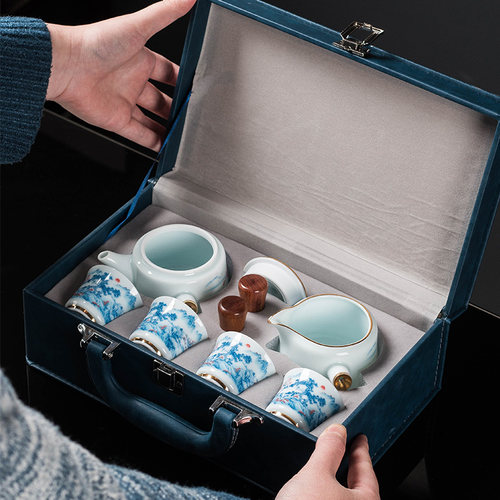 影青木柄侧把壶旅行功夫茶具套装便携包户外一壶四杯陶瓷家用简约 - 图0
