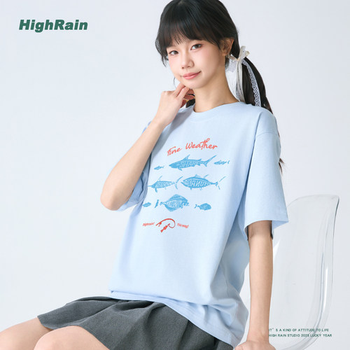 美式复古鱼纹印花短袖t恤女夏季新款潮牌灰色纯棉学院风情侣半袖 - 图1