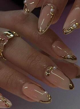 24Pcs French Gold Edge Wearable Almond Press on Fake Nails S