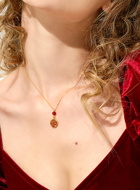 红玛瑙福牌项链女小众设计锁骨链