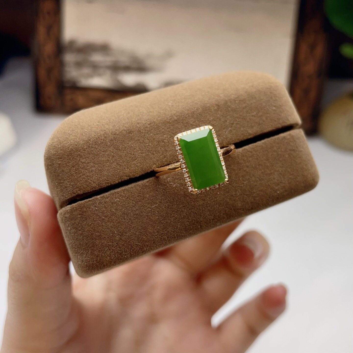 Jasper k gold square ring, 18k gold with South African real diamonds, exquisite multi-diamond inlay, delicate jade quality