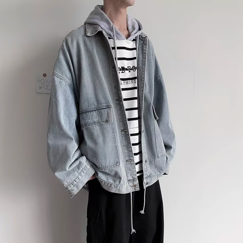 美式纯色简约口袋翻领蓝色百搭夹克春秋季韩版宽松牛仔外套复古,淘宝优惠券,粉丝福利购,淘宝优惠卷