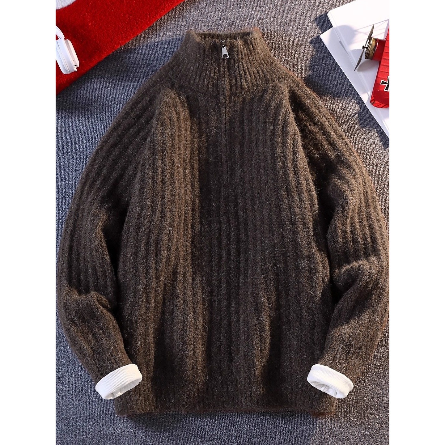 半拉链羊毛混纺立领毛衣男冬季宽松肌理感高领加厚慵懒风针织外套,淘宝优惠券,粉丝福利购,淘宝优惠卷