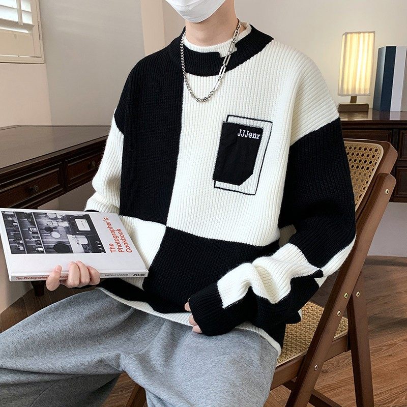 秋冬季拼接撞色假两件毛衣男孩青少年学生帅气潮流宽松打底针织衫,淘宝优惠券,粉丝福利购,淘宝优惠卷