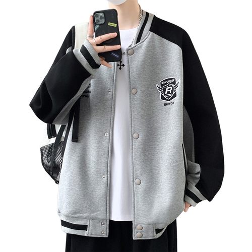徽章刺绣棒球服男春秋冬季学院风加绒加厚夹克青少年宽松休闲外套 - 图3