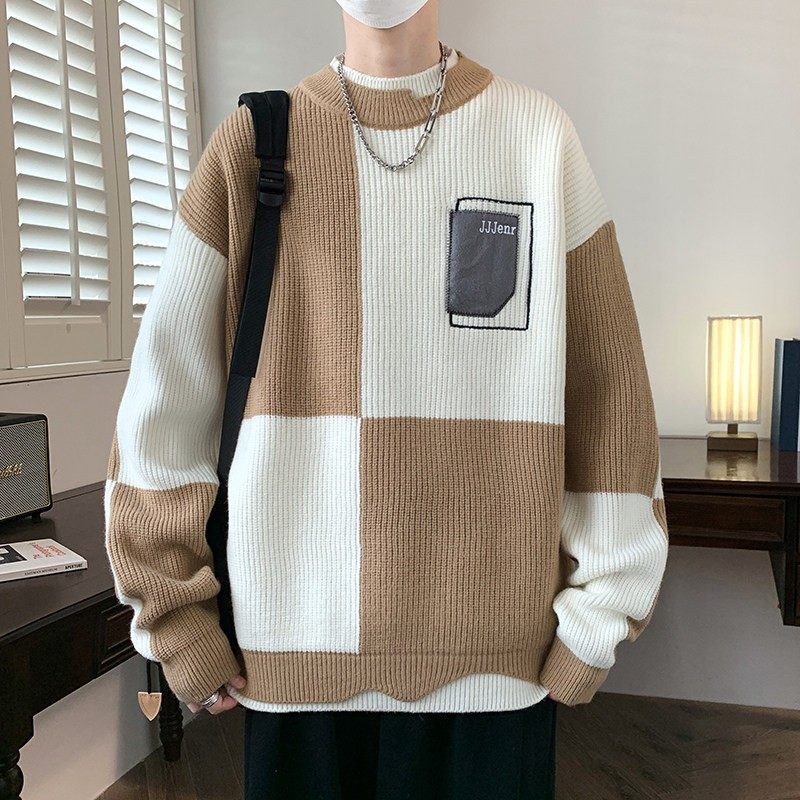 秋冬季拼接撞色假两件毛衣男孩青少年学生帅气潮流宽松打底针织衫,淘宝优惠券,粉丝福利购,淘宝优惠卷