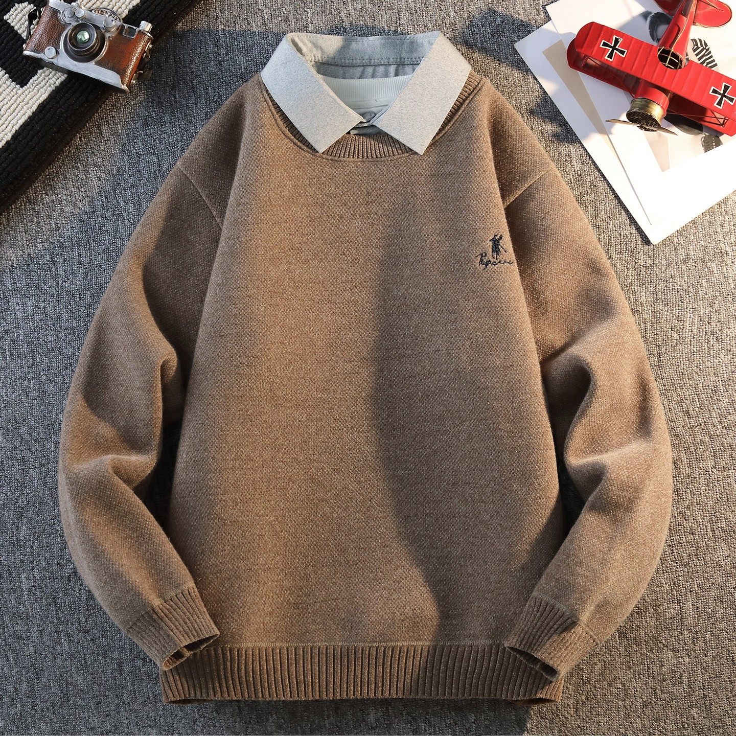 假两件毛衣男款冬季潮牌高品质刺绣衬衫领加绒加厚男装针织打底衫,淘宝优惠券,粉丝福利购,淘宝优惠卷