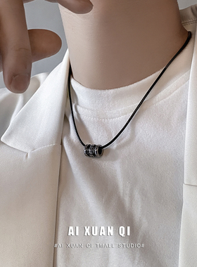 钛钢男生骷髅坠子黑绳项链