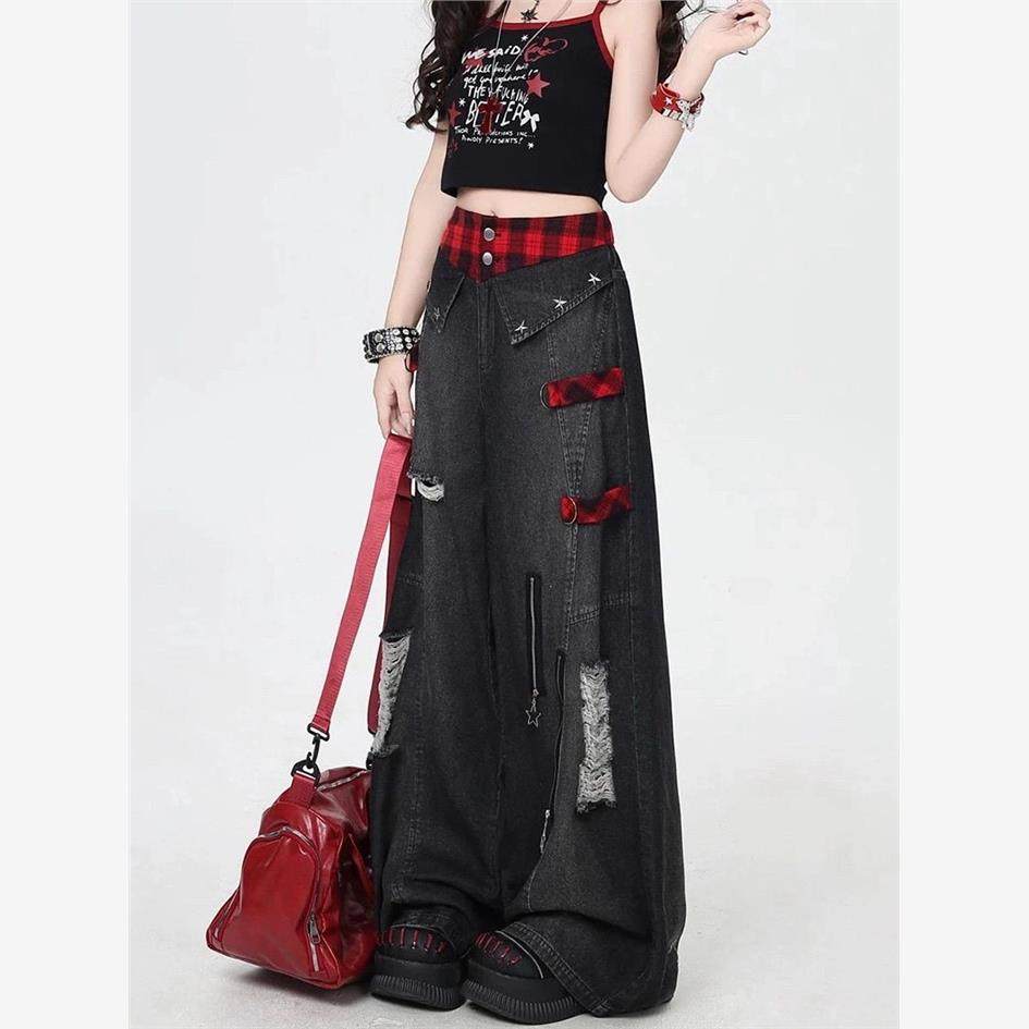 水洗做旧破洞重工高腰牛仔裤女秋季新款设计感宽松显瘦阔腿拖地裤,淘宝优惠券,粉丝福利购,淘宝优惠卷
