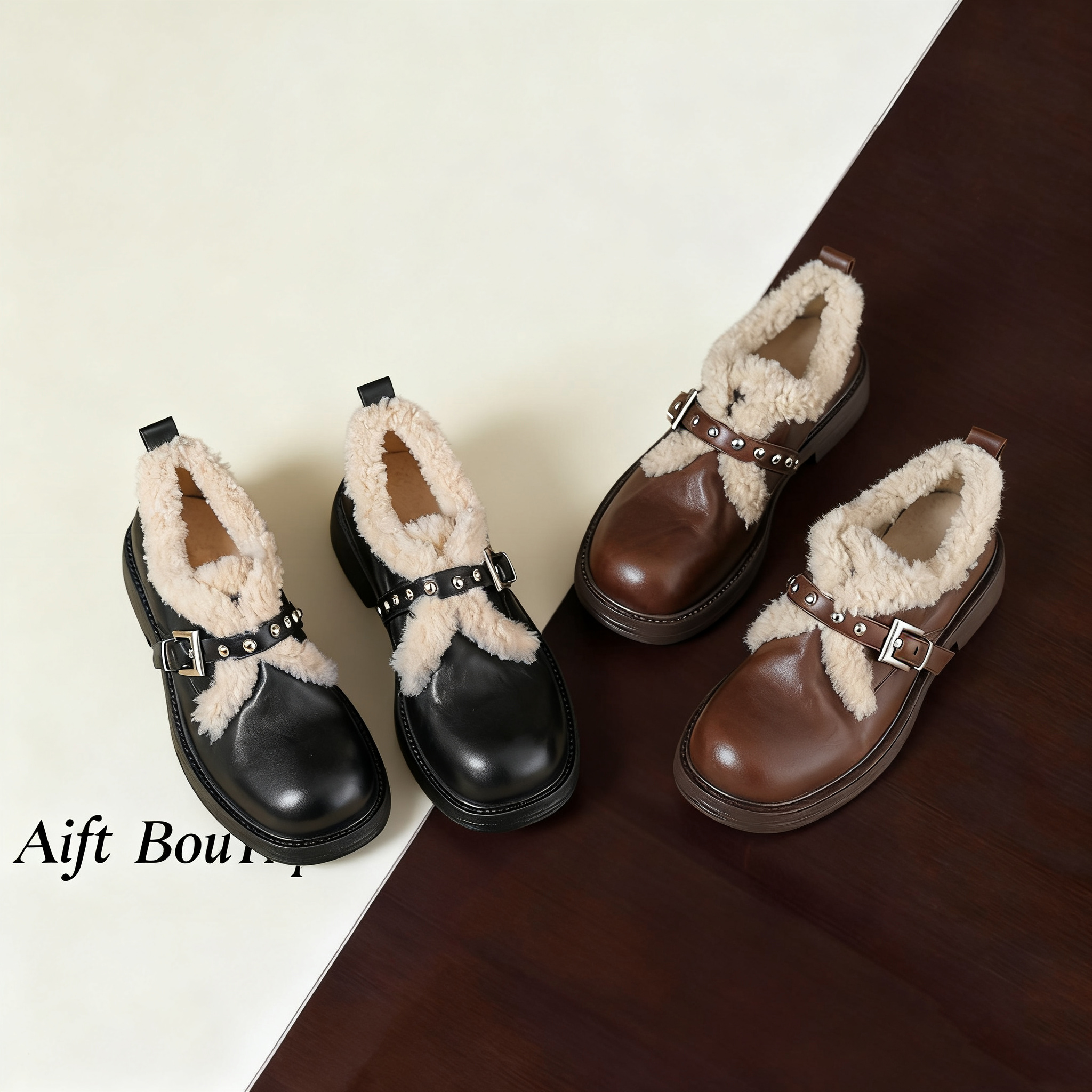 牛皮英伦毛毛小皮鞋秋冬新款百搭皮带扣粗跟羊绒单鞋女雪地靴子女 - 图0