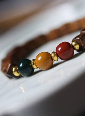 新中式黑花梨檀木方糖块珠手串三色珠红绿灯diy款老型民族风手链