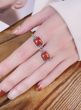 南红玛瑙戒指女s925纯银复古