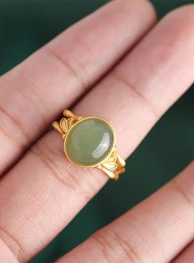 女银和田玉椭圆形竹子复古风戒指