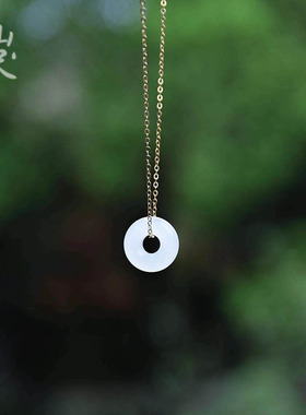 小圆满丨天然和田白玉平安扣羊脂玉吊坠18K包金玉石项链送人礼物