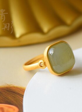 和田青玉戒指镀银镶嵌时尚简约