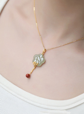 古风天然和田玉梅花纯银项链