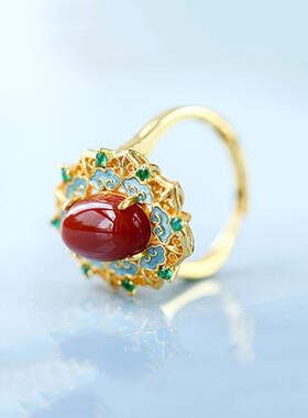 S925纯银天然南红戒指