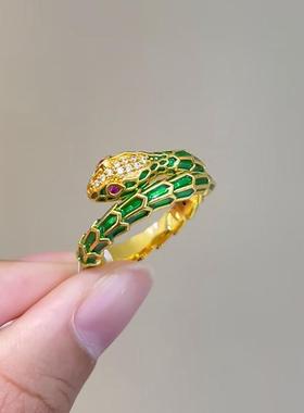 新中式国风珐琅彩白蛇戒指女小众设计精致蛇戒古法黄金色蛇年本命