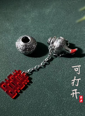 复古原创新中式空心可打开八仙葫芦双喜红玛瑙925银吊坠项链男女