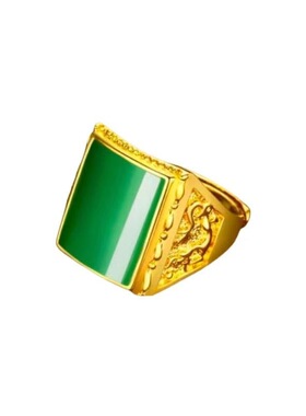 新款大宽面绿石金色复古男戒