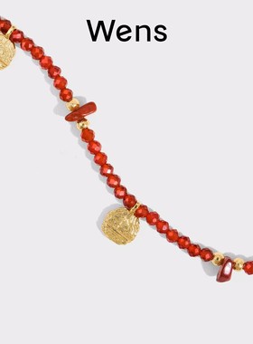 Wens KISS浮雕吊坠女红玛瑙串珠项链原创设计首饰红绳小众本命年