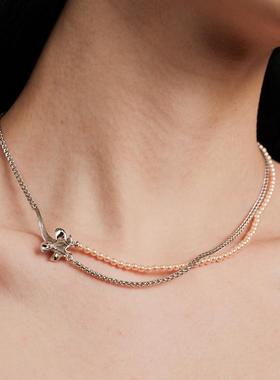 LILIFAN莉莉梵 拉丝花形珍珠双层项链 S925纯银镀金 轻奢优雅原创