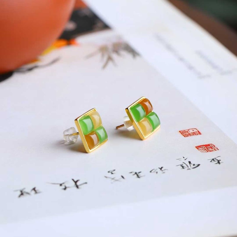 天然新疆和田玉玉器工厂店俄料碧玉糖料老料简约款玉石小方糖耳钉,淘宝优惠券,粉丝福利购,淘宝优惠卷