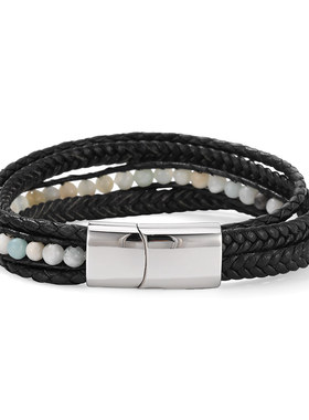 XXOFF二层牛皮超纤圆珠玉石钛钢磁吸插扣多层手链