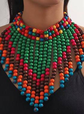 非洲风情图案三角巾木珠项链饰品民族风夸张necklace women
