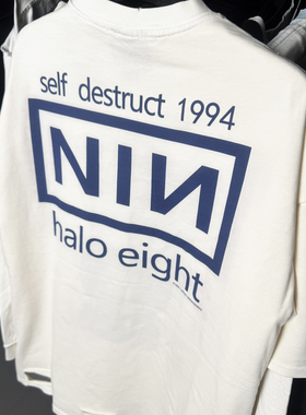 孤品手工！Nine Inch Nails九寸钉乐队重磅破洞真两件破坏长袖T恤