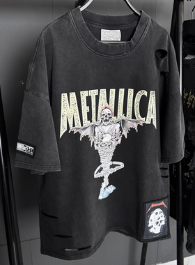孤品手工！金属乐队Metallica1996专辑歌曲破洞破坏贴布短袖T恤