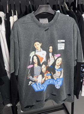 孤品手工！newjeans女团潮流青春破洞美式宽松破坏真两件长袖T恤