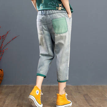 Summer loose slimming patchwork denim ເກົ້າຈຸດ pants ສໍາລັບແມ່ຍິງໃຫມ່ elastic waist ສູງ embroidered ສີ matching versatility pants harem