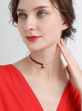 短款纯银颈链红色桃心脖子饰品