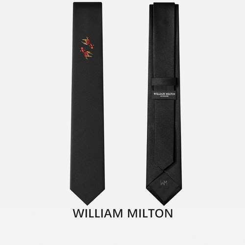 WILLIAM MILTON国潮锦鲤系列手工刺绣真丝领带男士轻奢口袋巾套装 - 图2