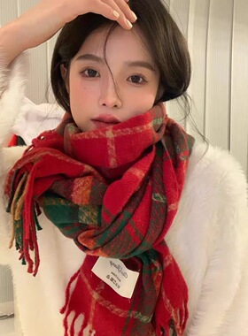 圣诞新年红色格子围巾女冬季礼盒