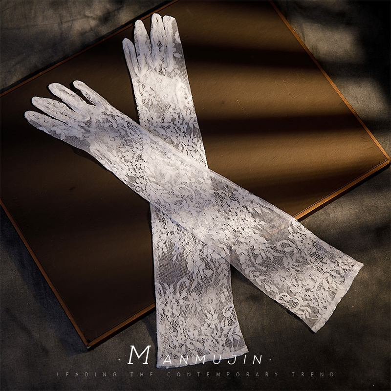 新娘婚纱礼服配饰蕾丝手套结婚旅拍照写真造型法式白色长款手套薄 - 图0