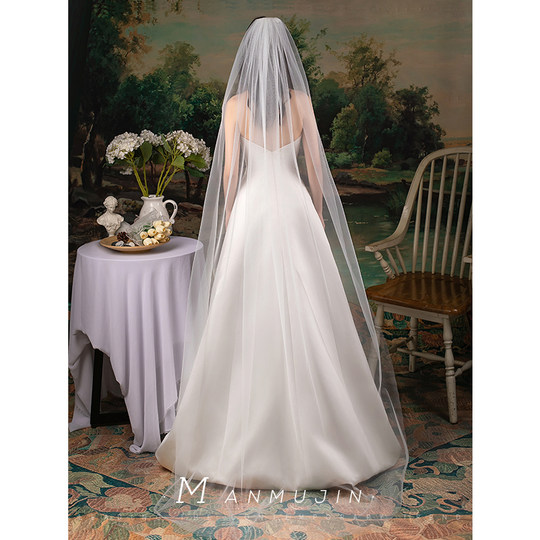 超仙优雅简约单层小拖尾素头纱新娘结婚旅拍照头饰教堂式长款轻纱