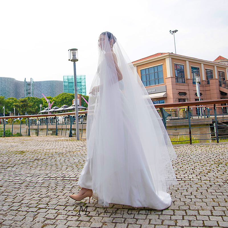 简约裸纱新娘婚纱摄影写真超长素纱加宽拖尾飘纱旅拍照凹造型头纱 - 图0