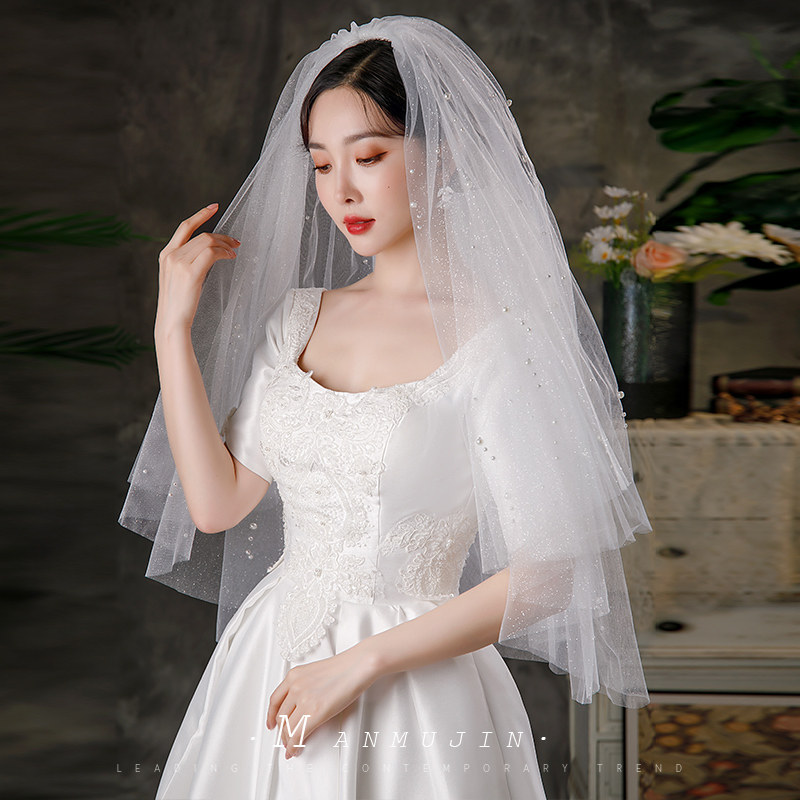 新娘头纱细闪亮粉蓬蓬纱结婚礼造型 曼慕锦头纱
