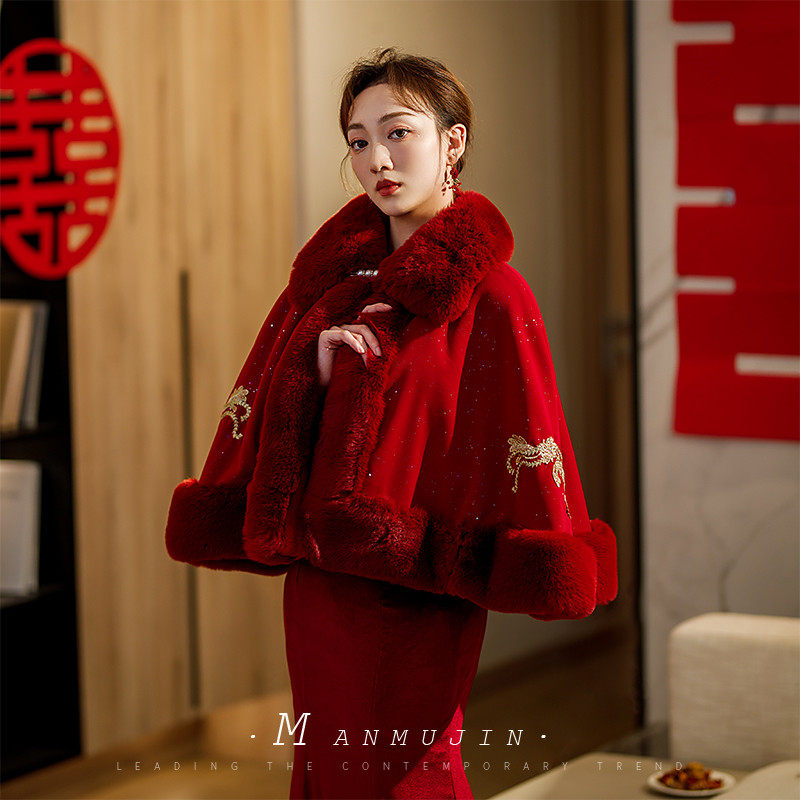 新娘结婚礼冬季大毛领加绒披肩斗篷 曼慕锦围巾/丝巾/披肩