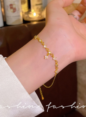 ins风日韩星点手链女款碎钻四叶草抽拉手串轻奢小众精致手饰品