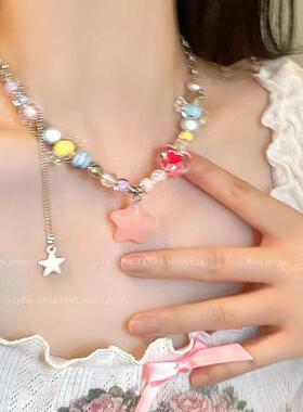 2026新款彩色糖果串珠项链女甜美少女粉色星星爱心吊坠锁骨链批发