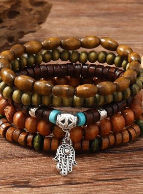 Ethnic 4-5pc/set wood bead ree Cactus Charms bracelets Hamsa