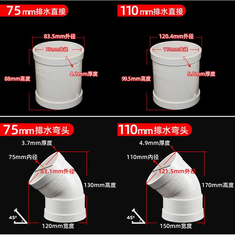 PVC排水管配件大全 直通90度弯头50斜三通75四通110直弯接头管件 - 图1