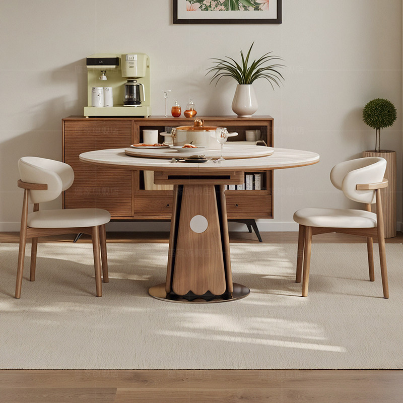 座家洞石岩板餐桌可伸缩折叠复古高级感家用带智能转盘实木饭桌,淘宝优惠券,粉丝福利购,淘宝优惠卷