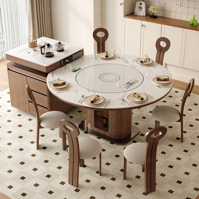 政府补贴座家岩板岛台餐桌一体法式复古智能转盘胡桃木色方圆伸缩,淘宝优惠券,粉丝福利购,淘宝优惠卷