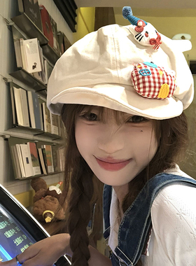 甜美蝴蝶结草莓八角贝雷帽女夏季薄款小众设计显脸小云朵画家帽子