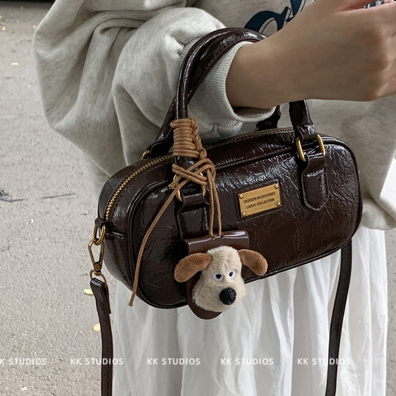 包包女款油蜡皮手提包2025秋冬复古波士顿包时尚通勤保龄球斜挎包 - 图0