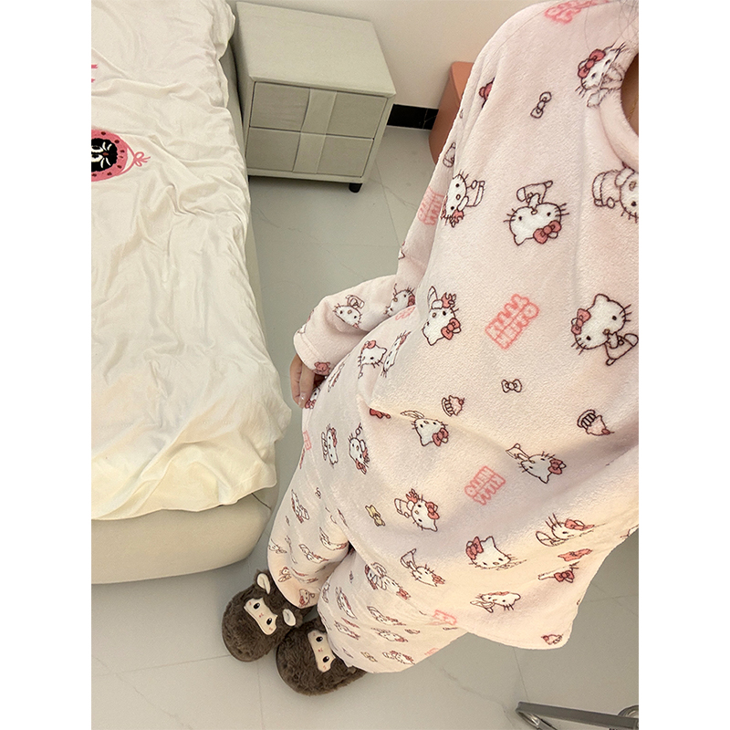 韩国ins睡衣女冬季加厚加绒珊瑚绒秋冬可爱KT猫法兰绒家居服套装 - 图0